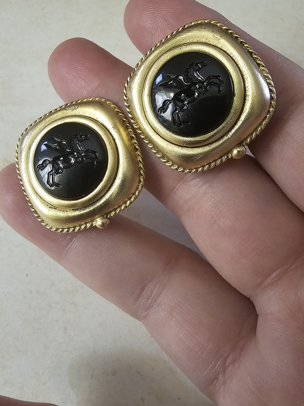 Doncaster Gold and Black Pegasus Button Earrings